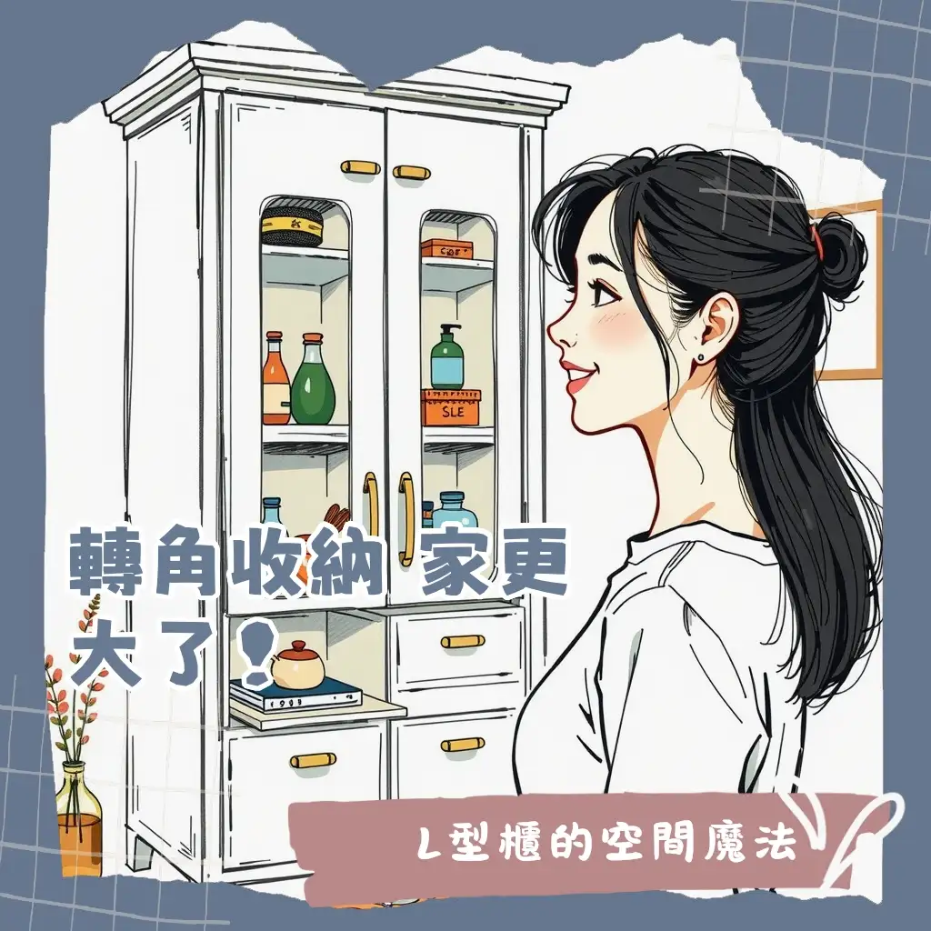 L型收納櫃搭配木質層架，巧妙利用客廳轉角，創造質感收納與居家美學。