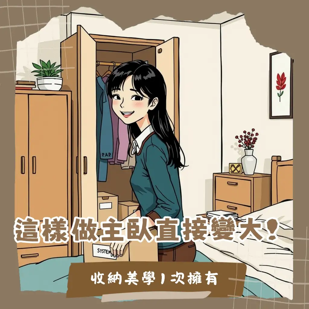 主臥收納規劃圖，展示系統衣櫃、床下收納、床頭櫃和牆面層板，呈現整潔舒適的主臥室空間。