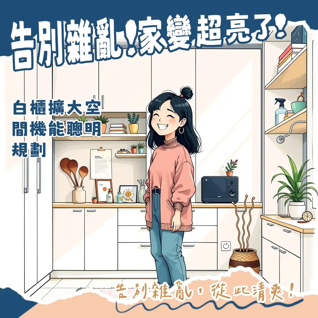 一個簡約現代的客廳，角落擺放著一組白色收納櫃，櫃體線條簡潔，內部放置書籍與綠植，展現空間的明亮與整潔，呈現質感收納與居家美學。