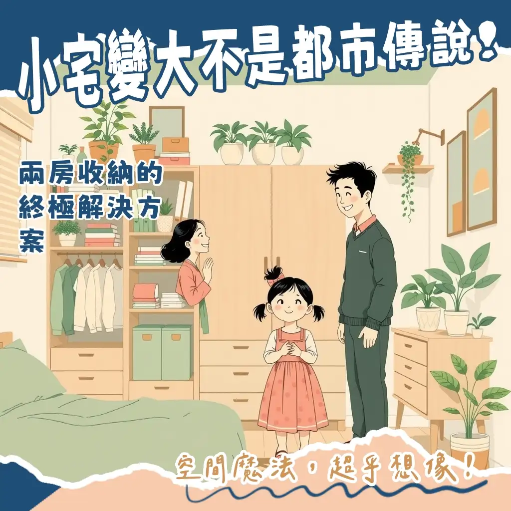 兩房收納空間規劃圖，展示客廳、臥室多功能家具與牆面收納技巧，提升小宅坪效。