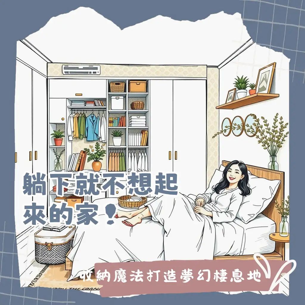 臥室收納設計範例圖,展示如何利用客製化系統櫃、牆面層板與床下抽屜,有效規劃空間並創造和諧的視覺美感。
