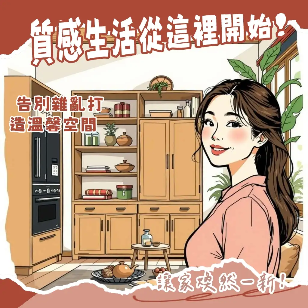一張擺滿書籍與綠植的木頭收納櫃，展現質感收納與居家美學的融合。