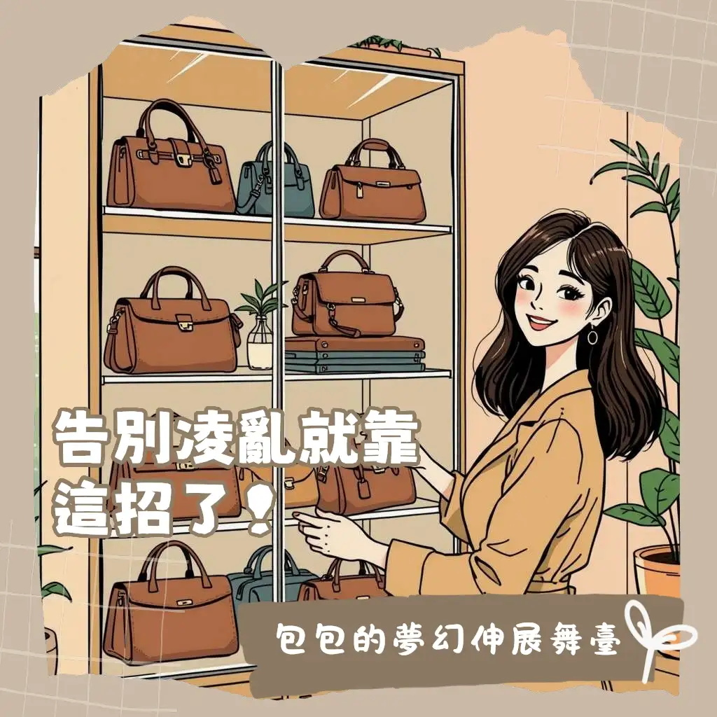 包包收納櫃的內部設計與分類，展示多款精品包整齊擺放，強調居家質感與收納效率。