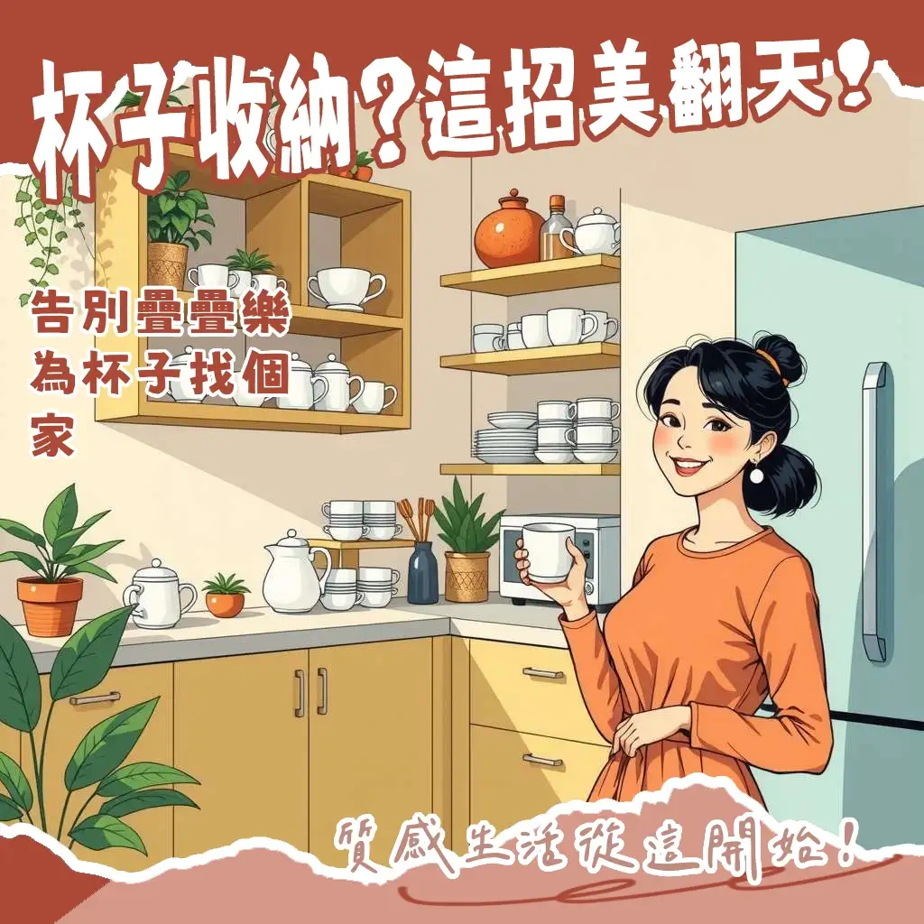 多款杯子收納櫃圖示，展示壁掛式、抽屜式、層架式收納，打造整齊美觀的廚房餐具空間。