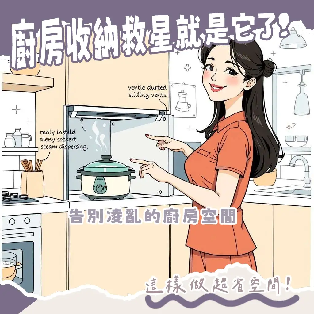 炊飯器收納櫃的廚房實用收納方案，包含滑軌層板、通風散熱與多功能儲物設計。