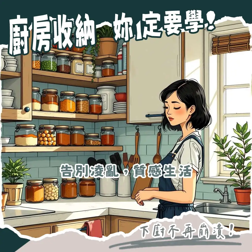 現代廚房收納櫃架設計圖，展示結合櫃體與開放層架的廚房收納解決方案。