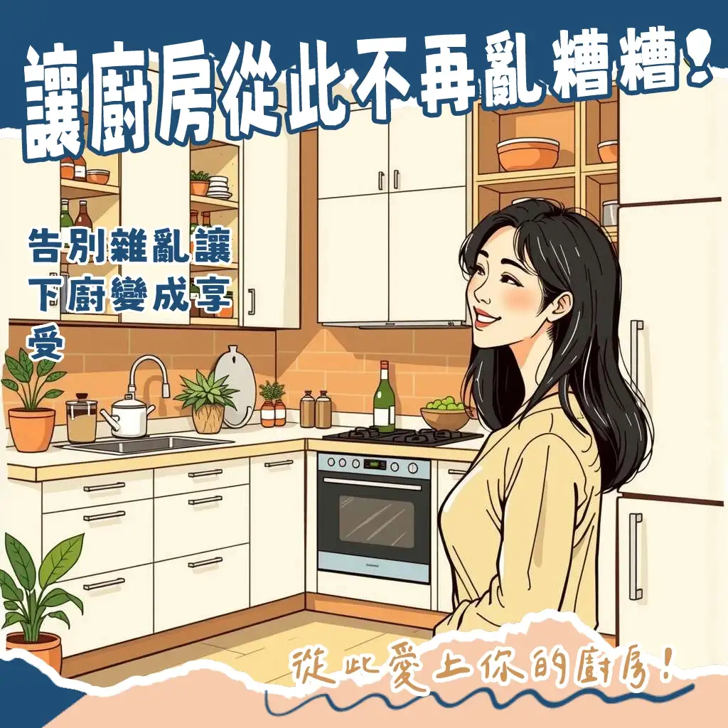 高效廚房收納櫃設計，展示地櫃、吊櫃與高櫃的空間利用，讓鍋具、餐具、電器井然有序。