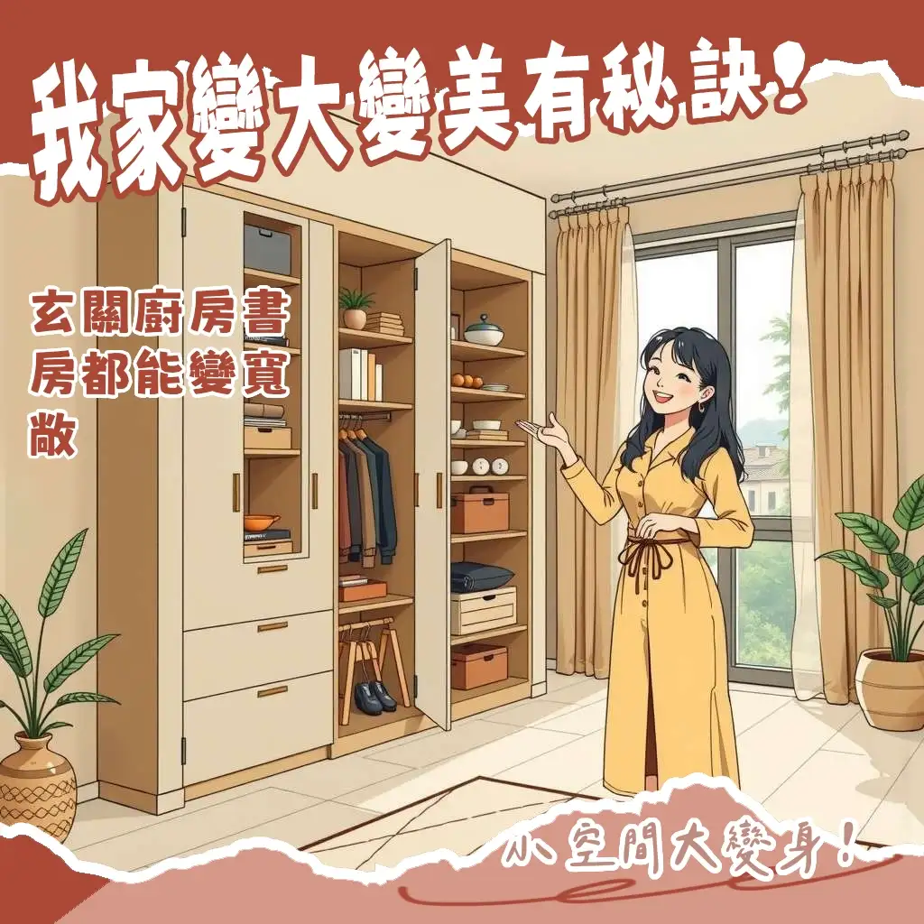 深度30公分收納櫃在小空間的應用,包含玄關、走廊及臥室的收納櫃體設計與擺放,有效利用牆面收納。