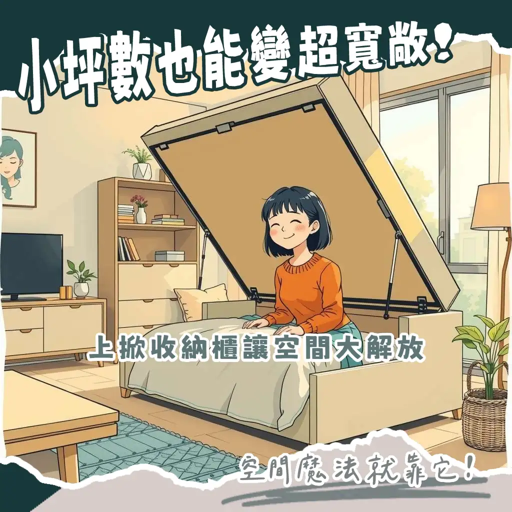 上掀式收納櫃的空間運用示意圖，展示床箱、儲物凳與臥榻在客廳與臥室中，輕鬆隱藏大件物品，提升小坪數空間的收納機能與居家美學。
