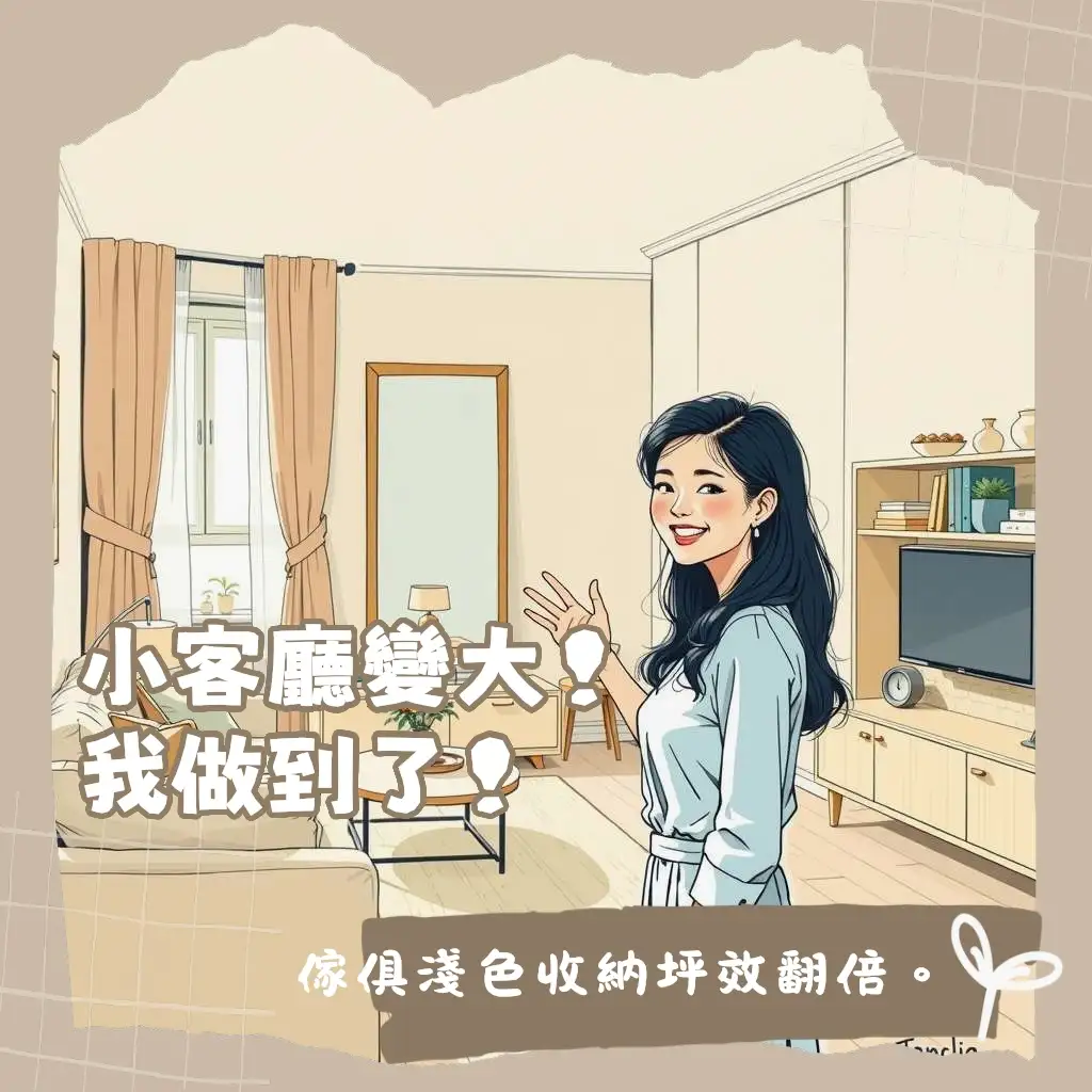 小客廳佈置技巧，包含輕薄家具、垂直收納、淺色系、鏡面與充足採光，打造高質感舒適感。