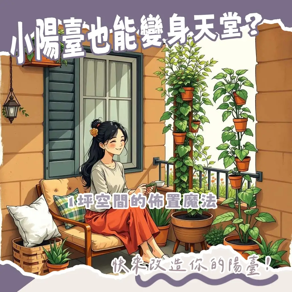 露台小陽台佈置策略圖，展示耐候家具、垂直綠化與燈串，打造清新實用休憩區