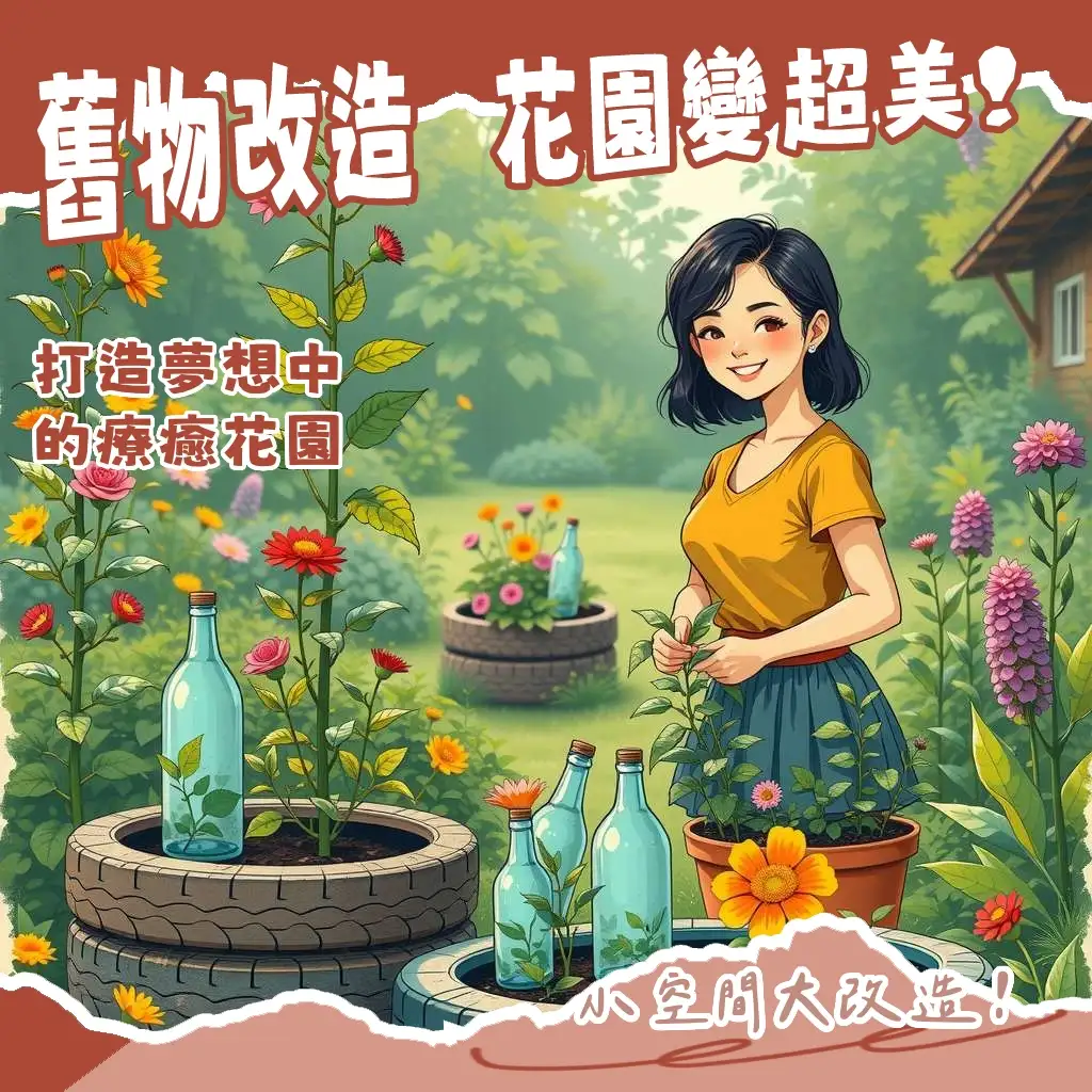 花園佈置DIY概念圖，展示利用舊物改造花器、木棧板鋪設小徑的戶外休閒空間，充滿自然與手作感。
