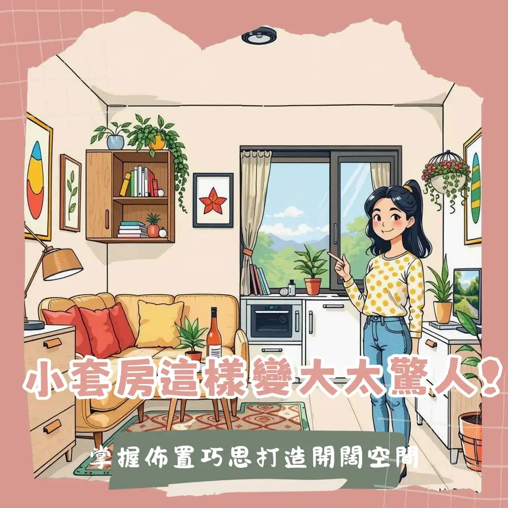 小套房佈置核心在空間放大，透過多功能家具、垂直收納、淺色系牆面與充足照明，打造舒適簡潔感。