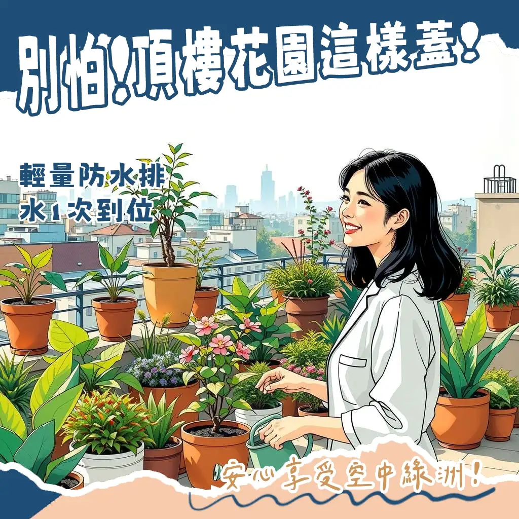 頂樓花園佈置指南，包含承重、防水、排水考量、耐候植栽、輕量盆器與戶外家具等規劃。