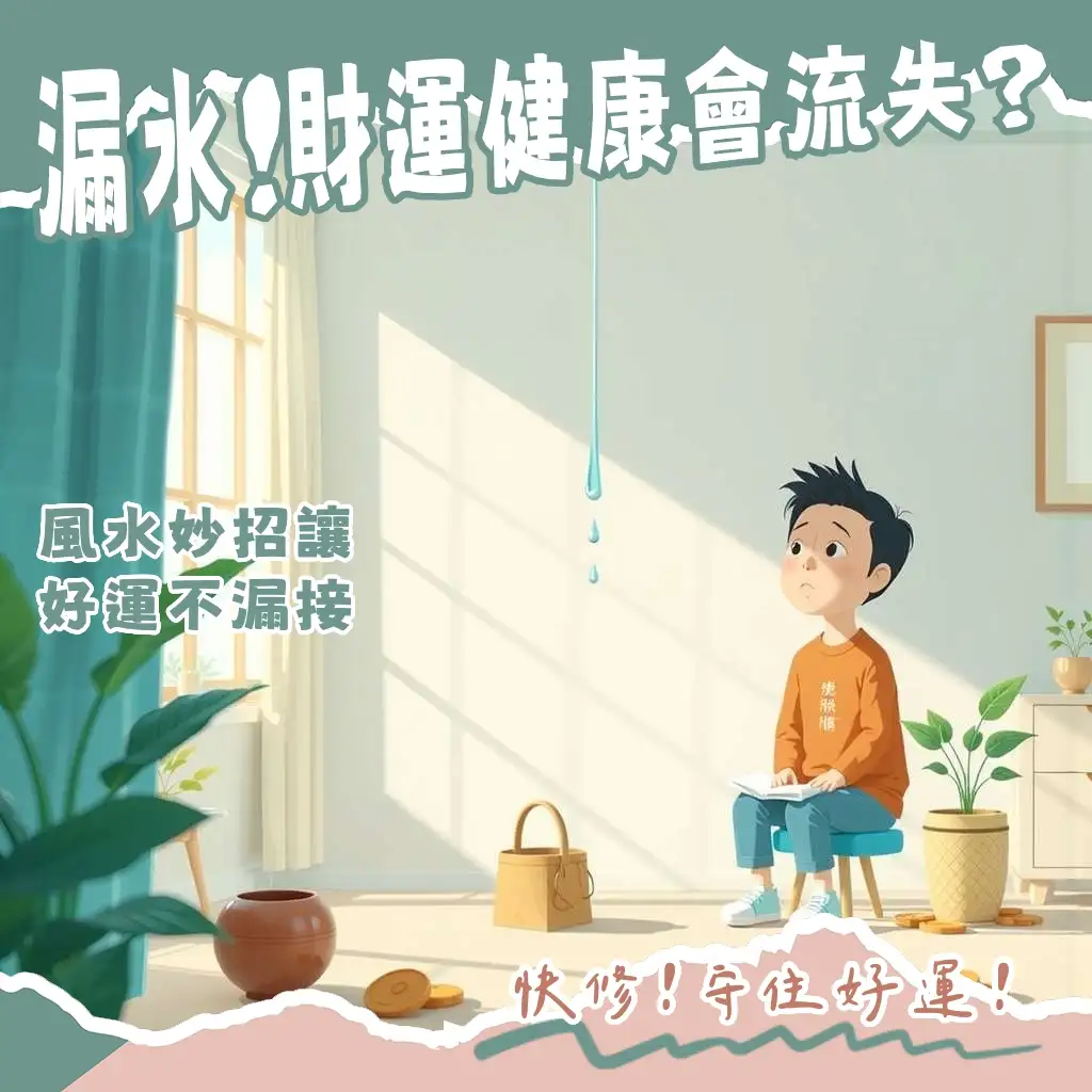 房間牆壁漏水與潮濕痕跡，象徵漏財風水與健康問題，待修復後擺放聚寶盆與葫蘆化解。