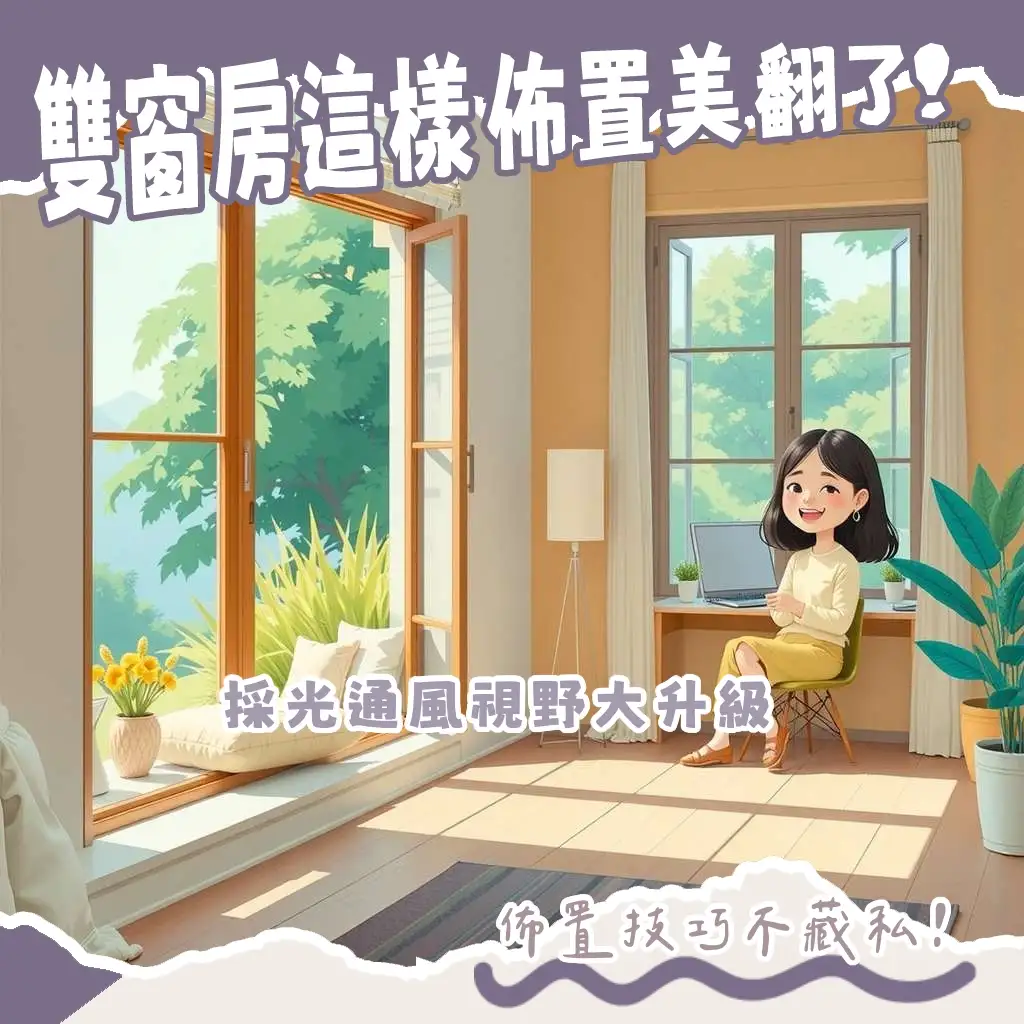 房間2個窗戶設計示意圖，展現採光、通風、窗簾搭配與窗邊臥榻的空間規劃。