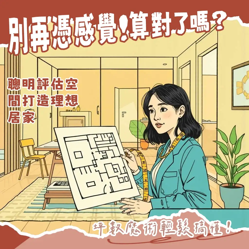 房間坪數換算教學圖,呈現捲尺測量、計算公式與坪數單位示意,助你精準評估居家空間。