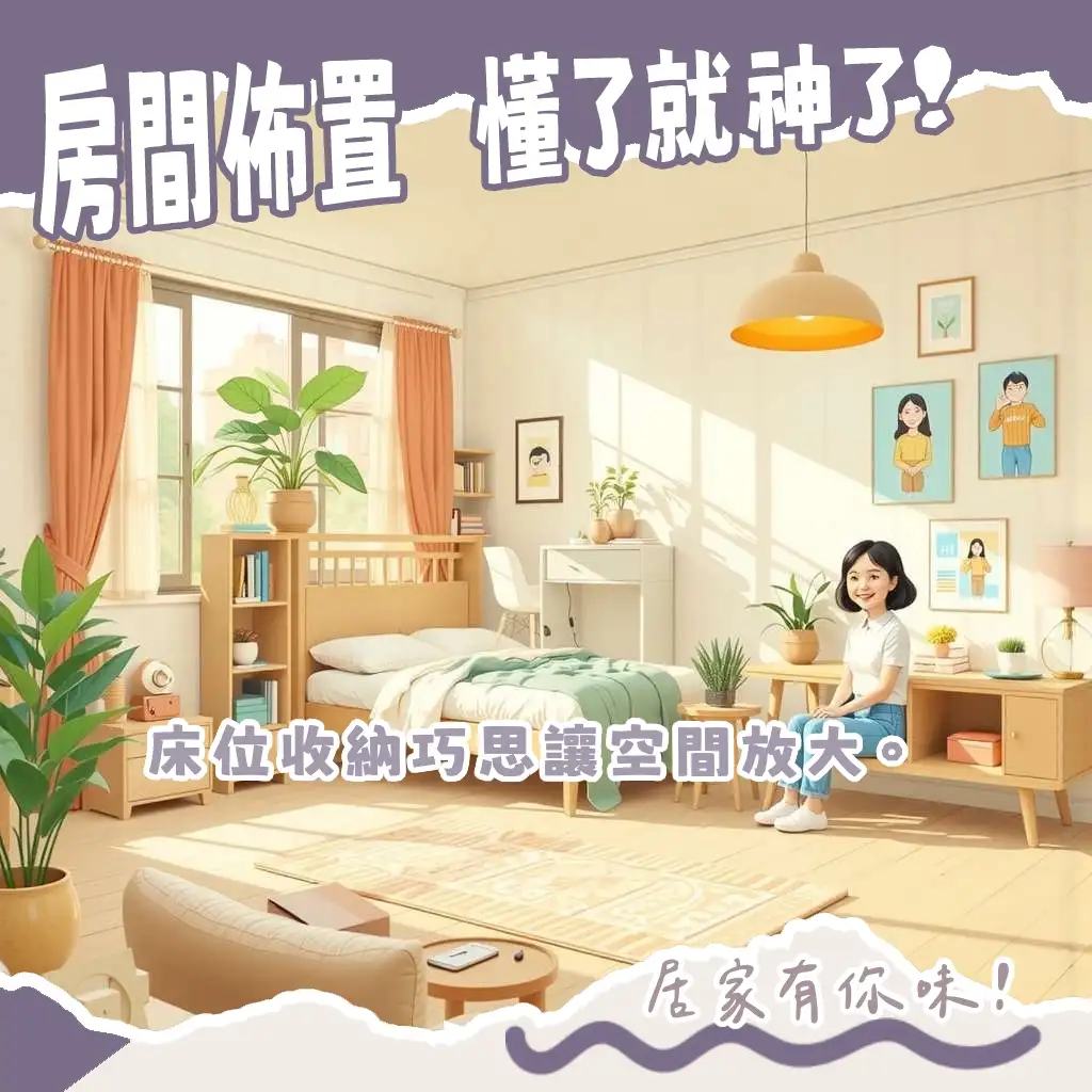 房間配置圖,展示床鋪、衣櫃、書桌的擺放,結合空間利用與收納技巧的臥室規劃。