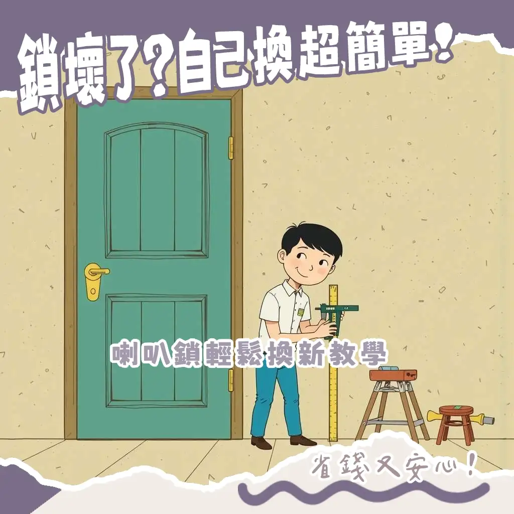 房間喇叭鎖尺寸測量圖,包含鎖體中心距與門片厚度,以及換鎖安裝工具