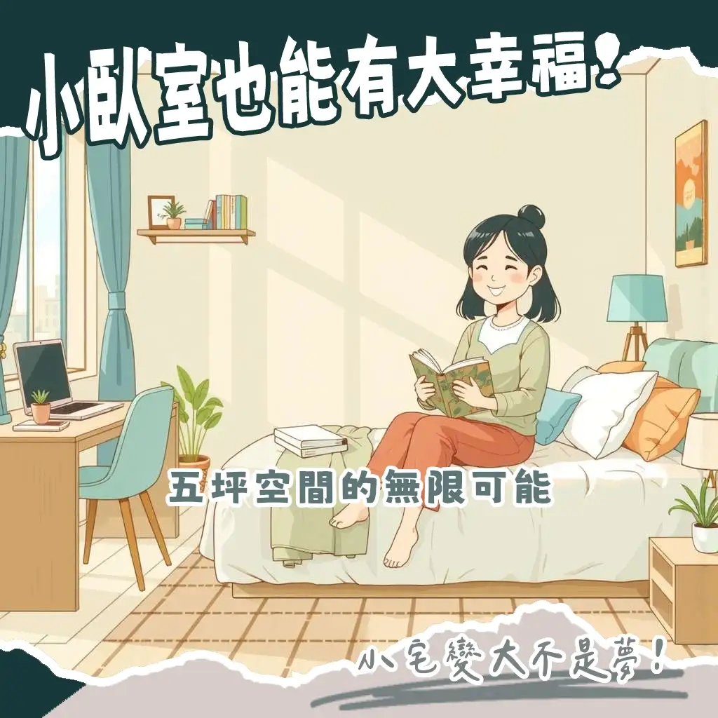 5坪臥室空間規劃與佈置技巧圖,包含雙人床、衣櫃、書桌及收納設計