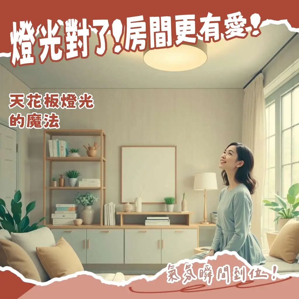 房間天花板燈選擇指南，涵蓋吸頂燈、崁燈、吊燈，並提供色溫、亮度、調光等照明設計建議。