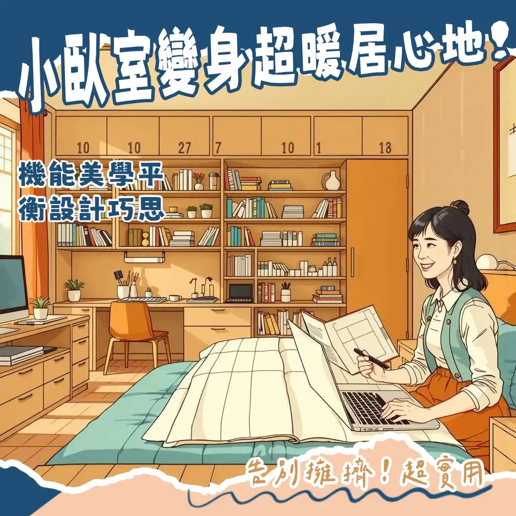 臥室兼書房設計,利用半高牆、書櫃、多功能家具等巧妙區隔工作與休息區,提升小坪數空間利用效率與質感。