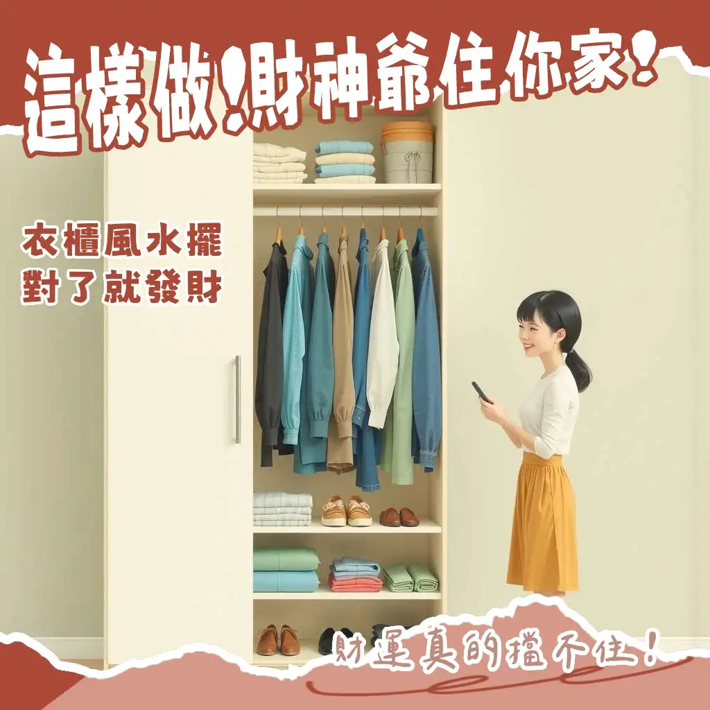 房間財位衣櫃的正確擺放方式，包括衣櫃背靠實牆、保持整潔、避免鏡面直對財位，以穩定財氣、守護財富能量。