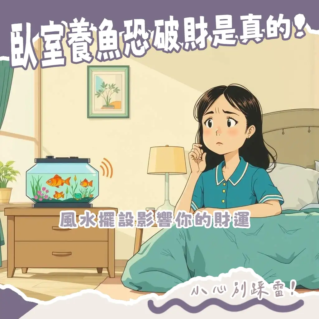 房間養魚破財的風水與健康影響,包含臥室魚缸擺放禁忌、濕氣問題,以及客廳魚缸招財聚氣的正確指南。