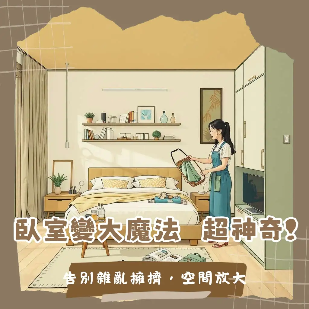 臥室規劃設計示意圖,展現動線流暢、系統櫃收納和溫馨燈光氛圍。