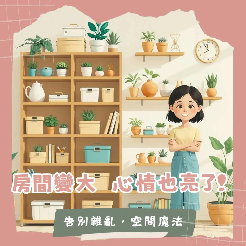 房間收納改造步驟圖,包含斷捨離、物品分類與收納櫃、層架、收納盒的空間利用示意圖。