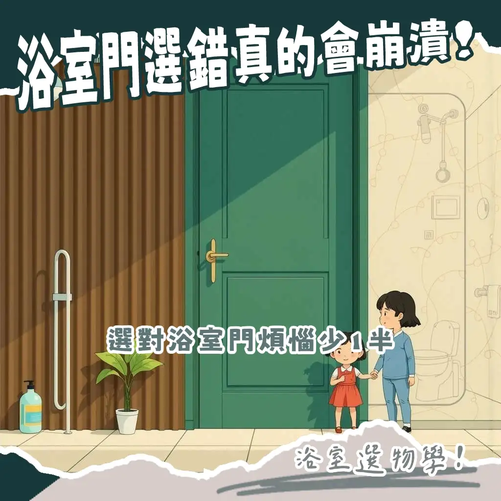 多款浴室門材質與設計，包含塑鋼門、鋁合金門及木門，提供選購浴室門時的防潮、通風、安全性與美學考量。