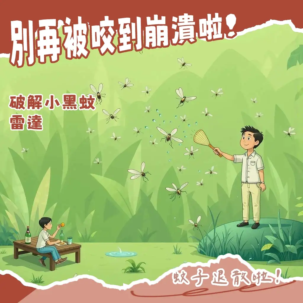 一張特寫小黑蚊叮咬手臂的示意圖，強調小黑蚊愛咬什麼人的文章大綱。