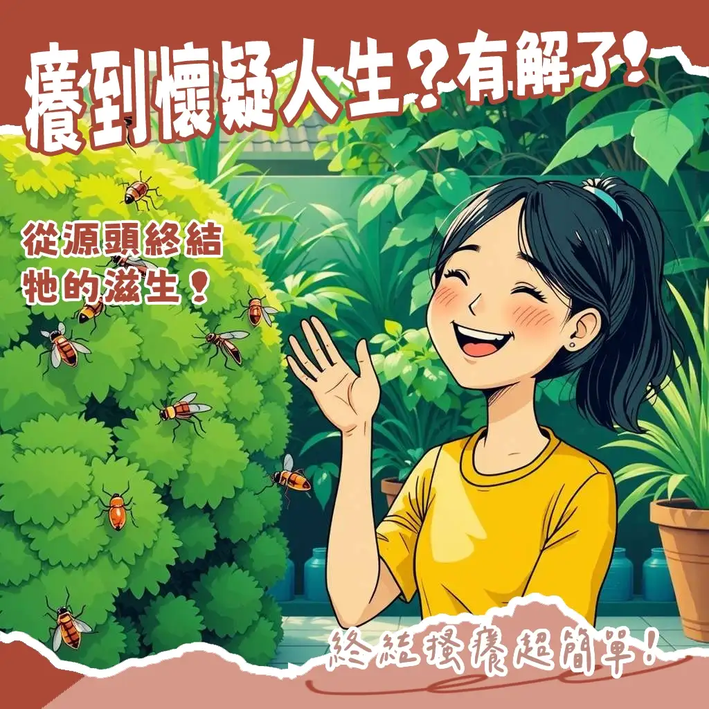 小黑蚊防治示意圖，展現清除青苔、使用防蚊液及穿長袖衣物等個人與環境防護措施。
